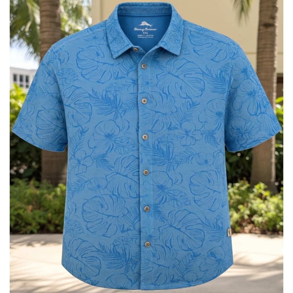 Tommy Bahama XL Blue Tropical Floral Short Sleeve Button Up Shirt Marlin